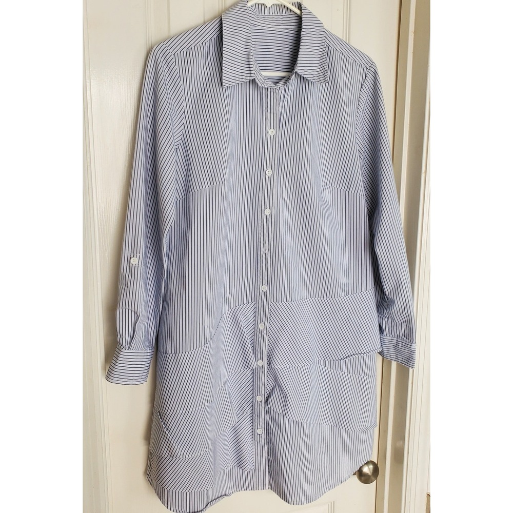 Hope & Harlow Menswear Inspired Shirt Dress Tiered Ruffles White Blue Striped 10 - Picture 4 of 6